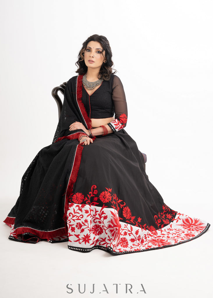 Exclusive Black Cotton Silk Lehenga with Red Delicate Embroidery combined with Embroidered Georgette Blouse & Dupatta