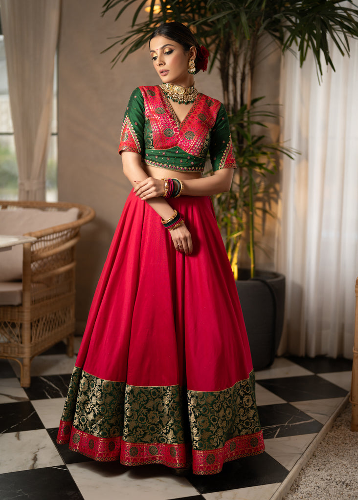 Beautiful magenta pink cotton silk lehenga with floral banarasi patchwork and embroidered blouse paired with georgette dupatta.