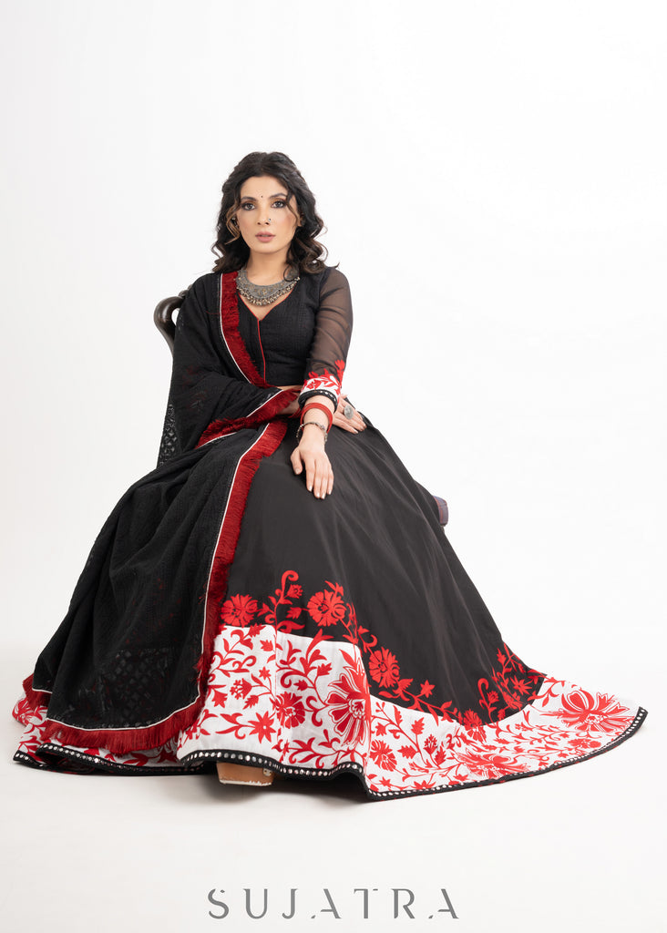 Exclusive Black Cotton Silk Lehenga with Red Delicate Embroidery combined with Embroidered Georgette Blouse & Dupatta