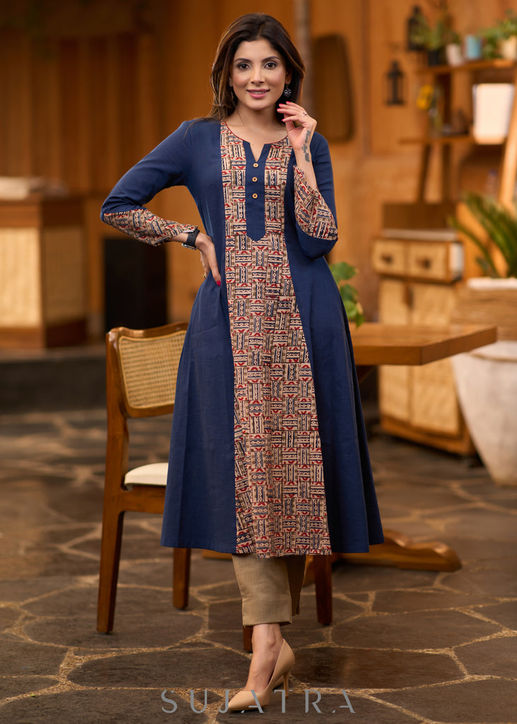 Trendy navy blue Princess cut kurta with beautiful prints - Pant optional