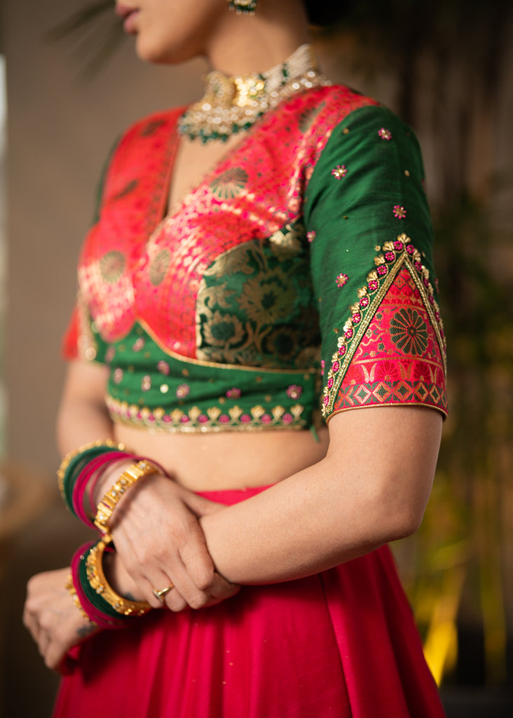 Beautiful magenta pink cotton silk lehenga with floral banarasi patchwork and embroidered blouse paired with georgette dupatta.