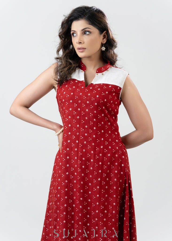 Elegant Red Bandhani Rayon Printed Kurta With Stone Highlights - Pant Optional