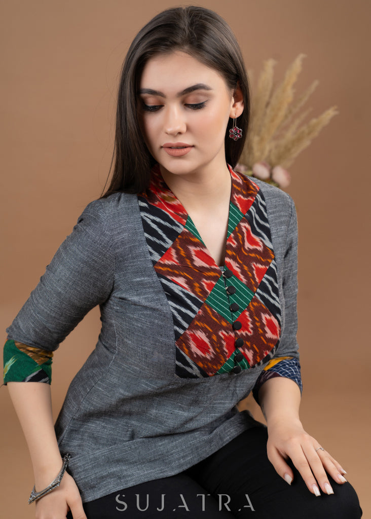 Grey cotton Handloom patch work top