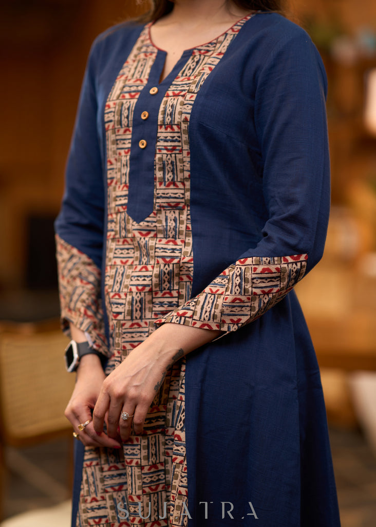 Trendy navy blue Princess cut kurta with beautiful prints - Pant optional