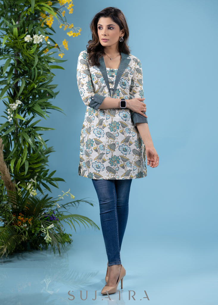 Stylish teal cotton floral printed collared tunic