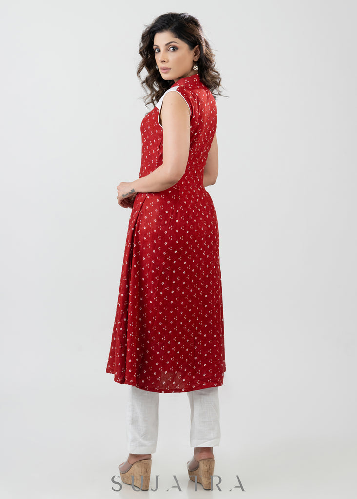 Elegant Red Bandhani Rayon Printed Kurta With Stone Highlights - Pant Optional