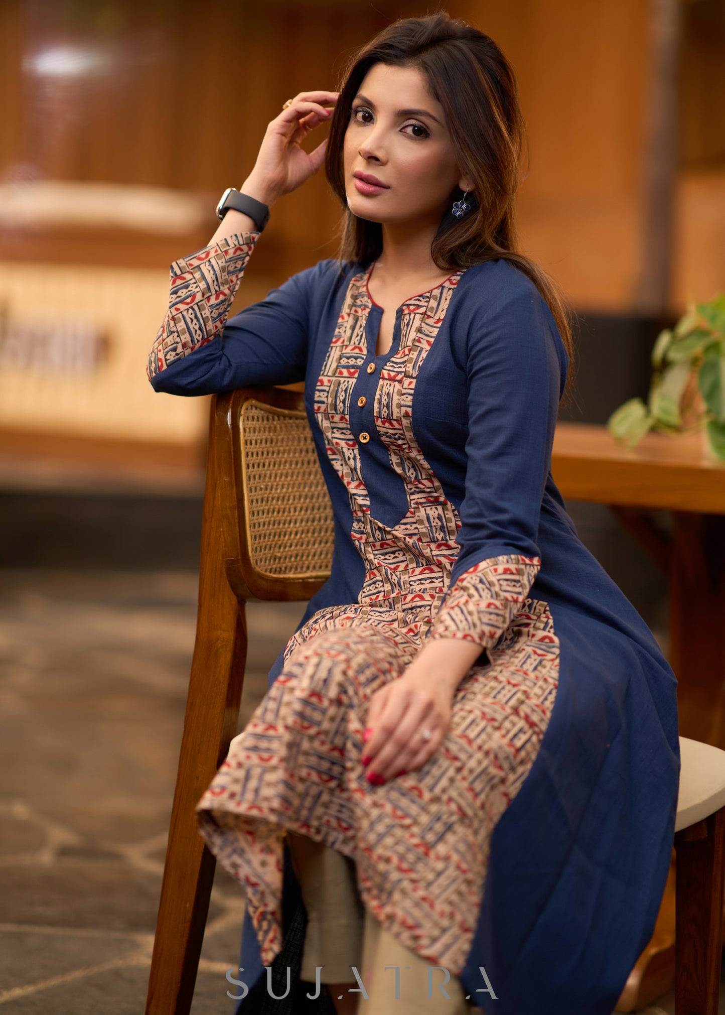 Trendy navy blue Princess cut kurta with beautiful prints - Pant optional