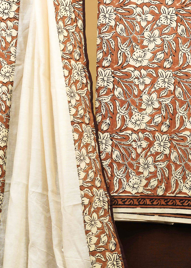 Natural Floral Printed Coffee Brown Cotton Suit Set with Chanderi Dupatta