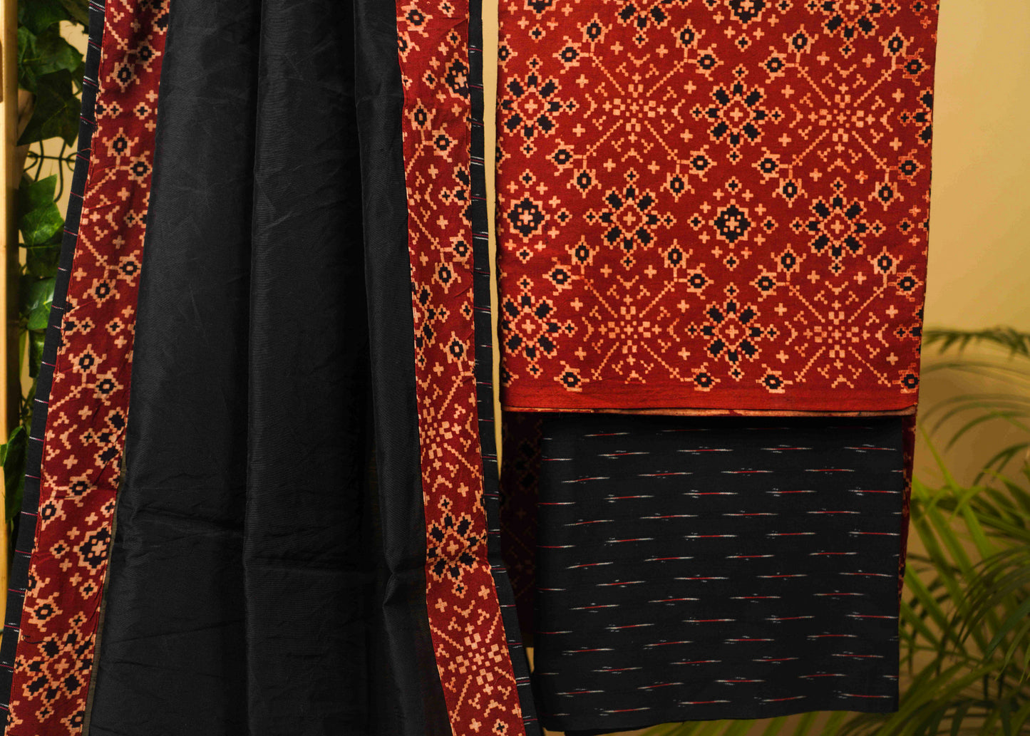Maroon Cotton Ajrakh Suit Set with Black Ikat Bottom and Chanderi Dupatta