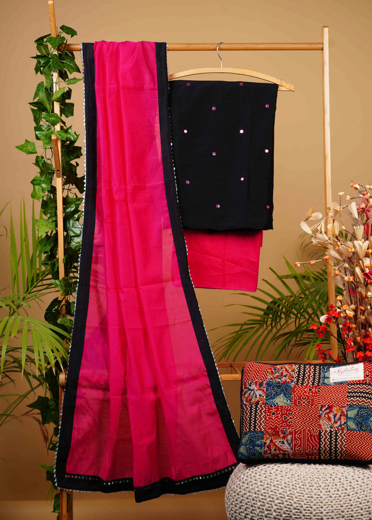 Exclusive Black Cotton Silk Hand Embroidered Mirror Work suit set with Pink Bottom and Chanderi Dupatta