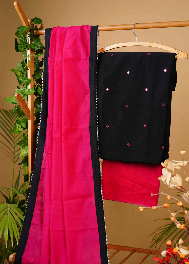 Exclusive Black Cotton Silk Hand Embroidered Mirror Work suit set with Pink Bottom and Chanderi Dupatta