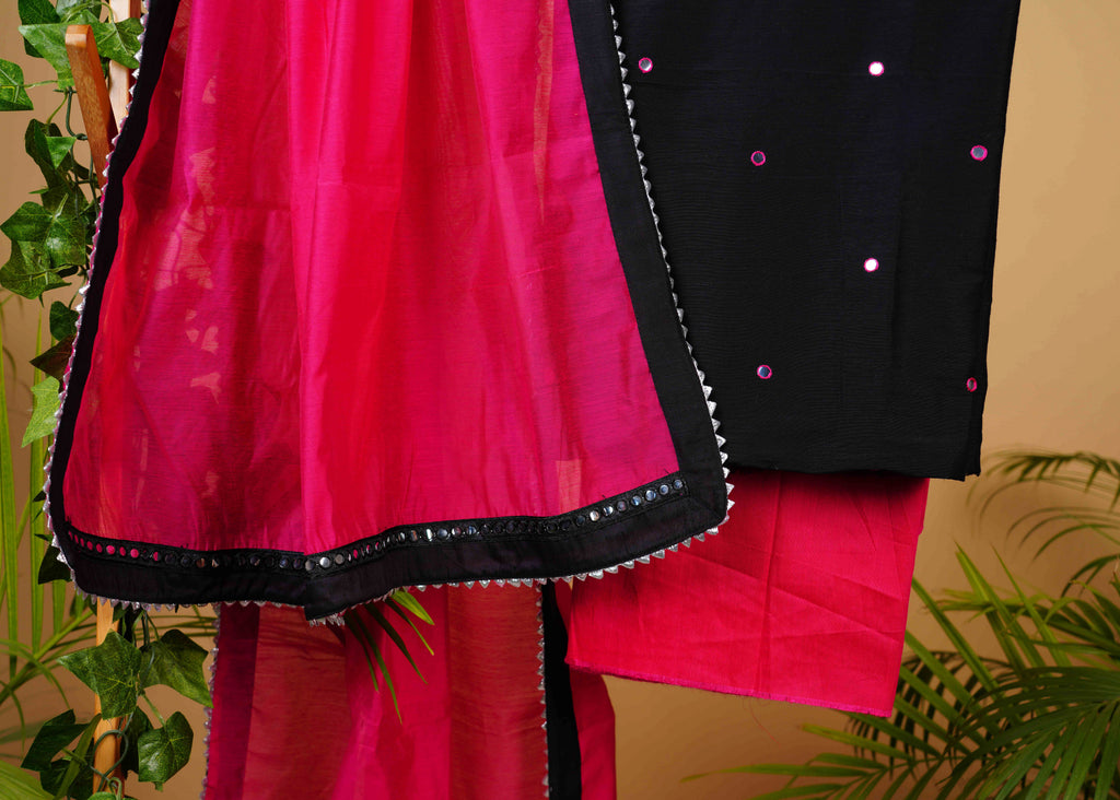 Exclusive Black Cotton Silk Hand Embroidered Mirror Work suit set with Pink Bottom and Chanderi Dupatta