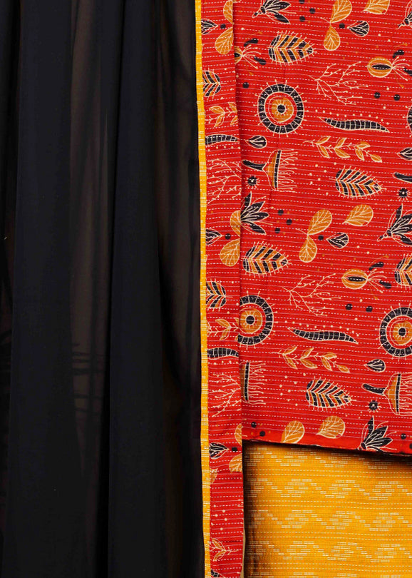 Kantha Red and Mustard Suit Set with Black Georgette Dupatta