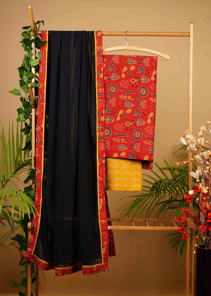 Kantha Red and Mustard Suit Set with Black Georgette Dupatta