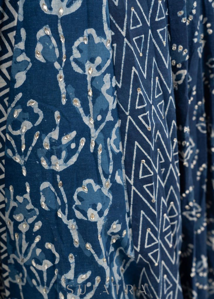 Block Printed Indigo Cotton Lehenga with Exquisite Hand Embroidered Blouse & Indigo Dupatta