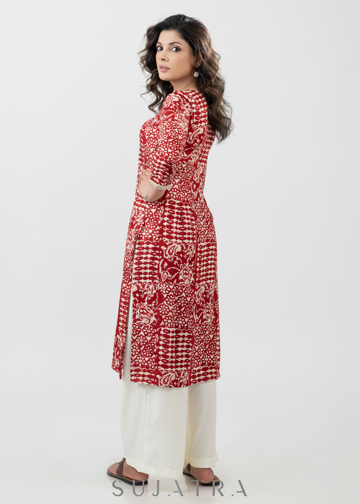 Beautiful Red Printed Flowy Rayon Kurta With Laces-Pant Optional