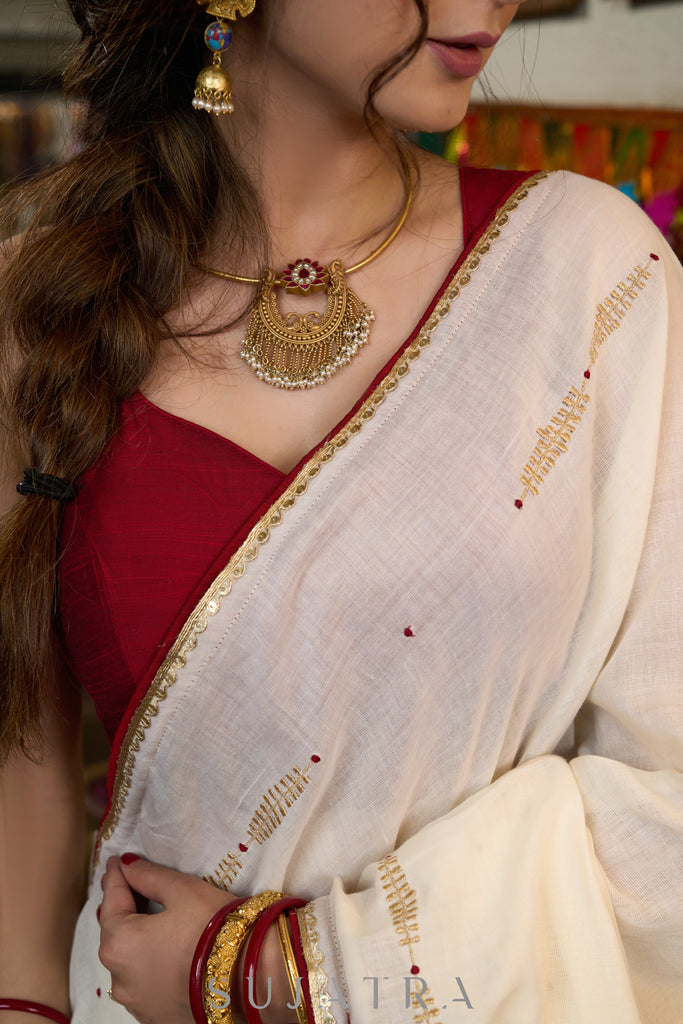 Graceful ivory cotton saree highlighted with beautiful overall intricate embroidery