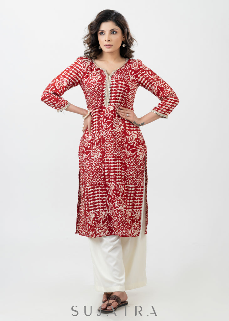 Beautiful Red Printed Flowy Rayon Kurta With Laces-Pant Optional