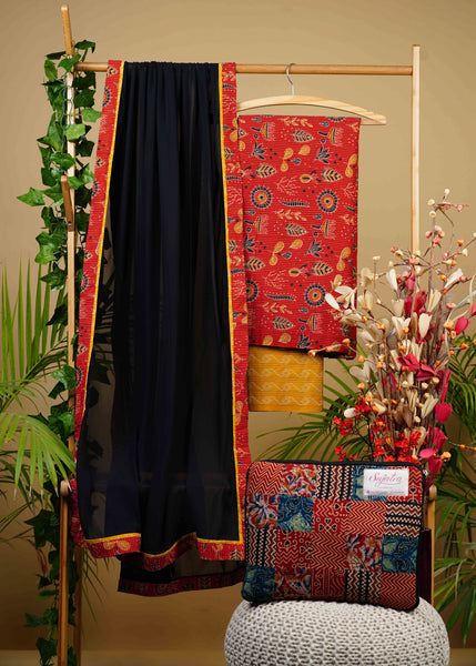 Kantha Red and Mustard Suit Set with Black Georgette Dupatta