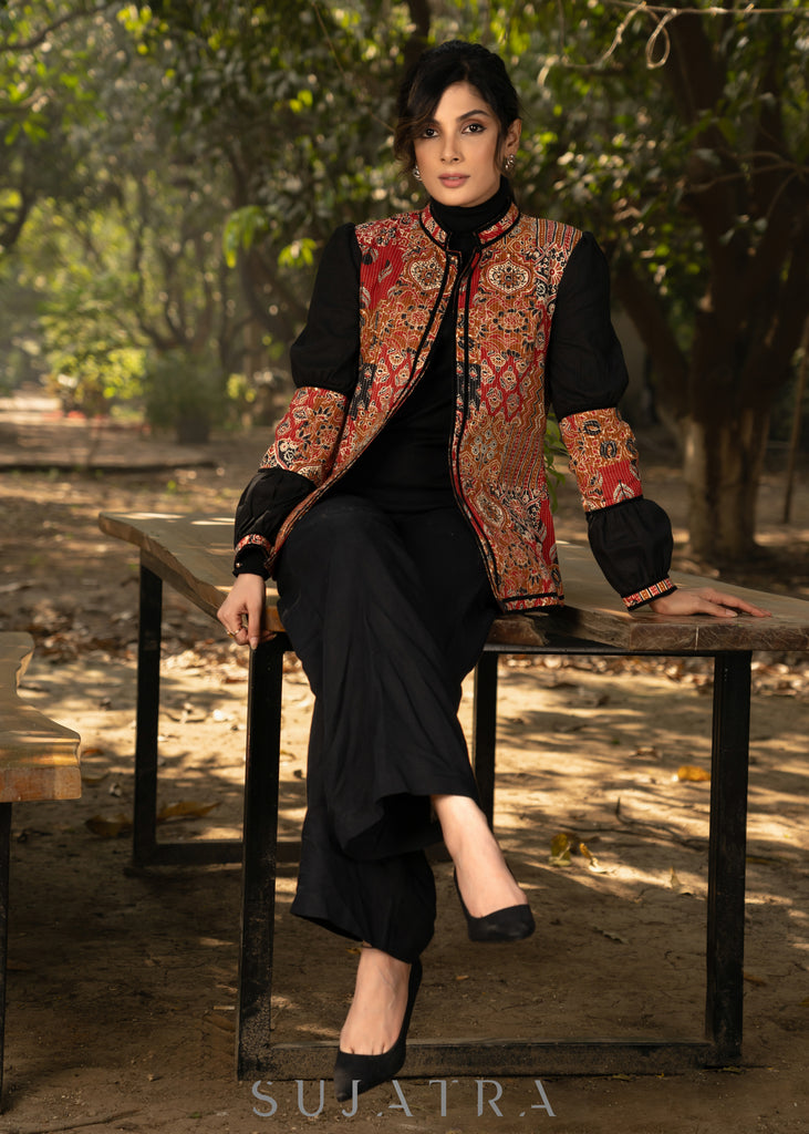 Trendy black cotton kantha patchwork jacket with mandarin collar