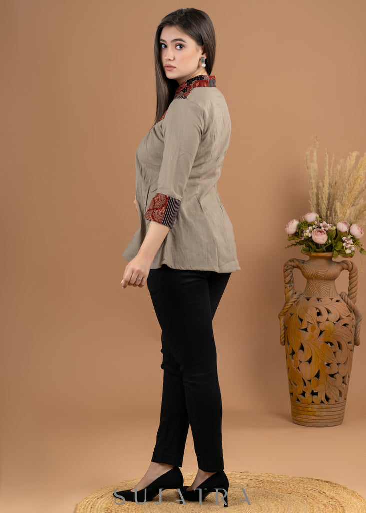 Casual Beige Cotton patch work top