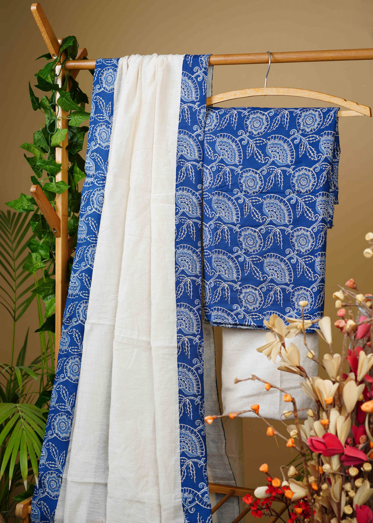 Blue Floral Print Cotton Suit Set with Chanderi Dupatta