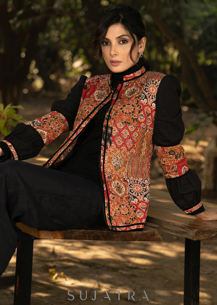 Trendy black cotton kantha patchwork jacket with mandarin collar