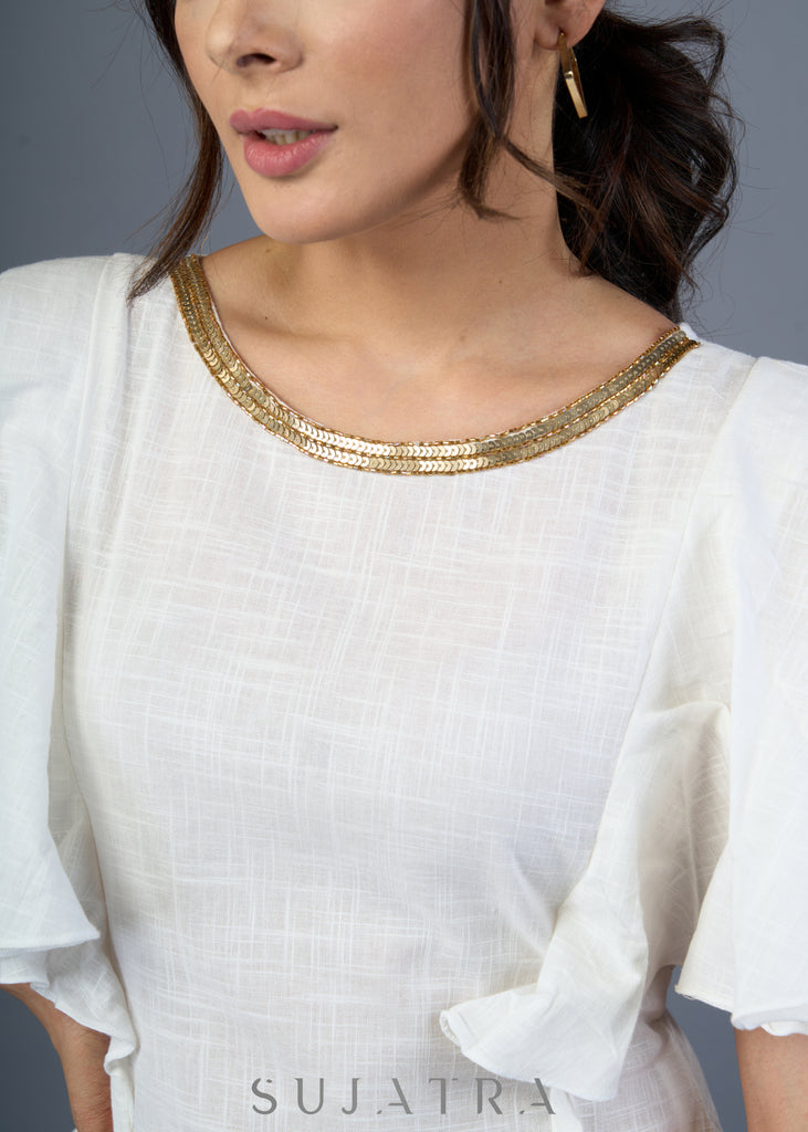 Elegant Hand Embroidered White Cotton Dress