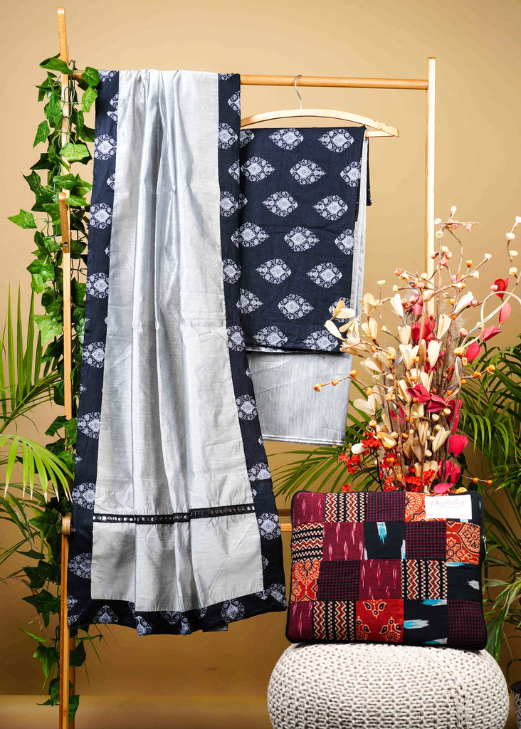 Black Cotton Printed Suit set with Grey Cotton Silk Bottom and Chanderi Dupatta