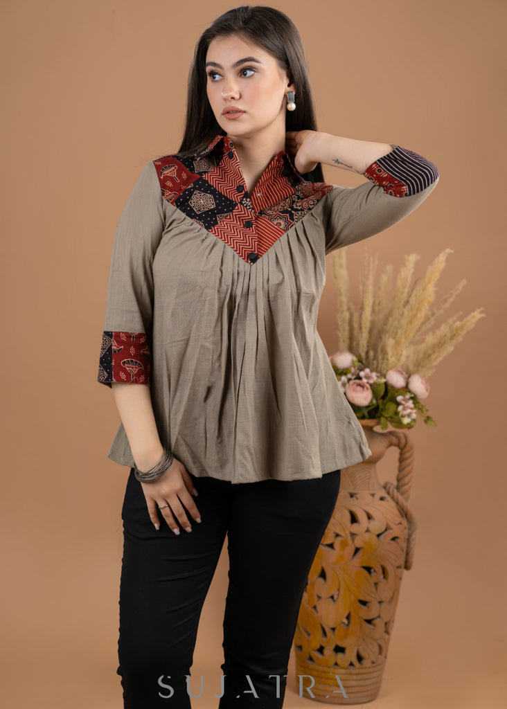 Casual Beige Cotton patch work top