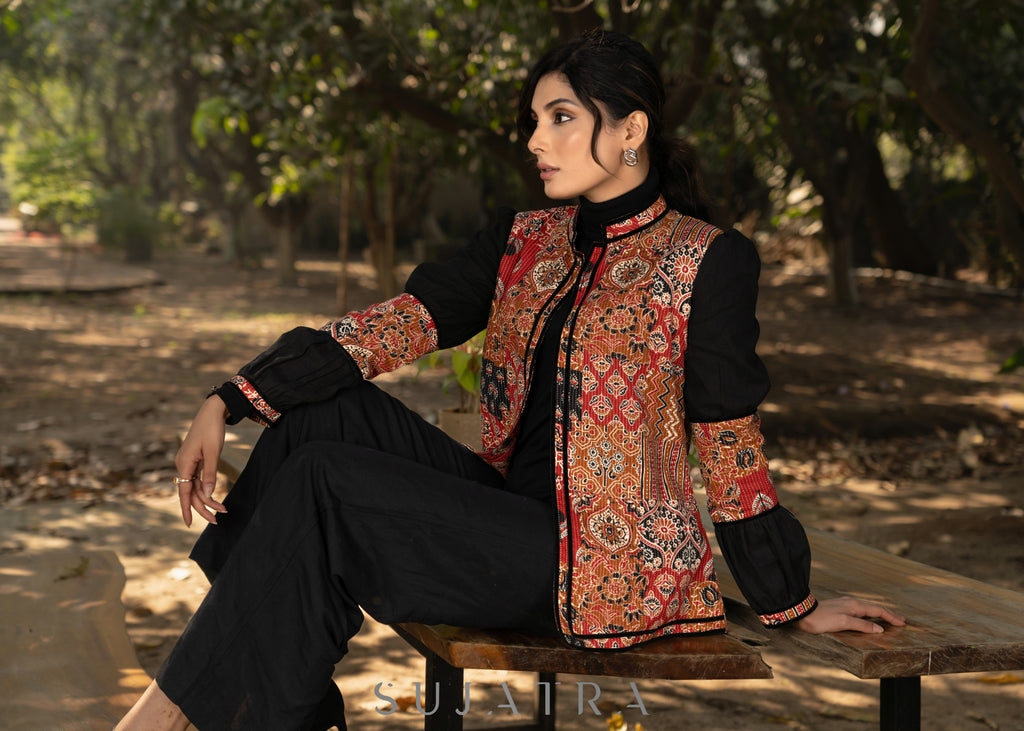 Trendy black cotton kantha patchwork jacket with mandarin collar