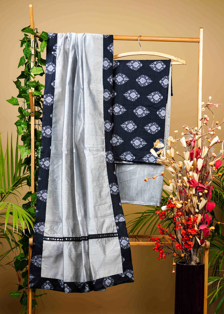 Black Cotton Printed Suit set with Grey Cotton Silk Bottom and Chanderi Dupatta