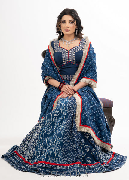 Block Printed Indigo Cotton Lehenga with Exquisite Hand Embroidered Blouse & Indigo Dupatta