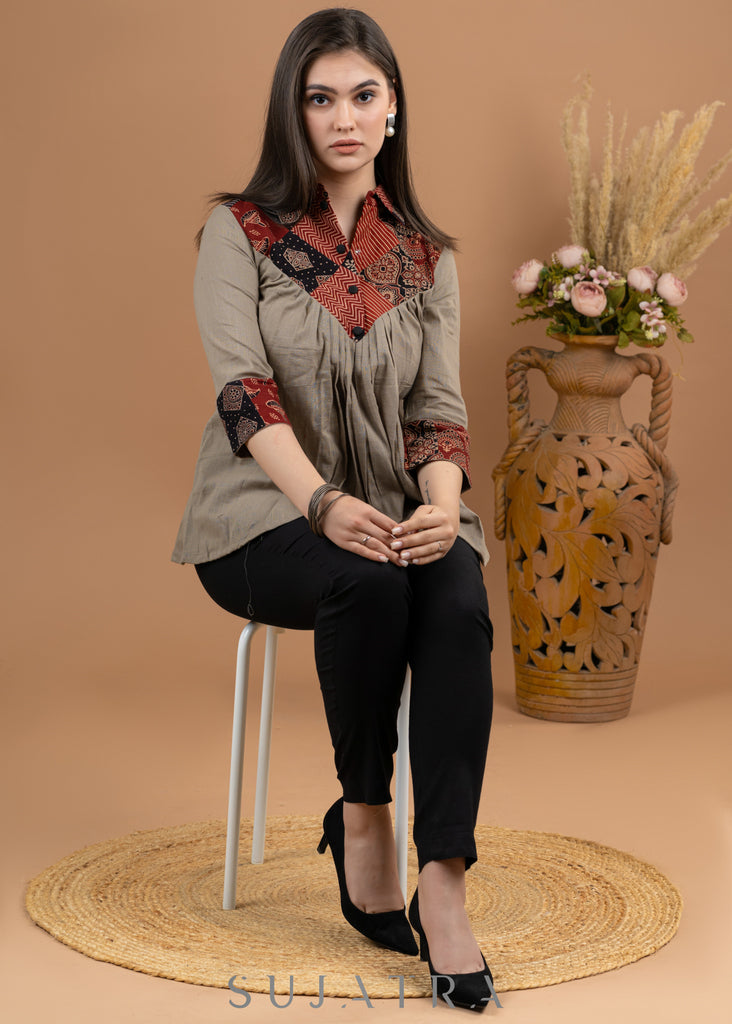 Casual Beige Cotton patch work top