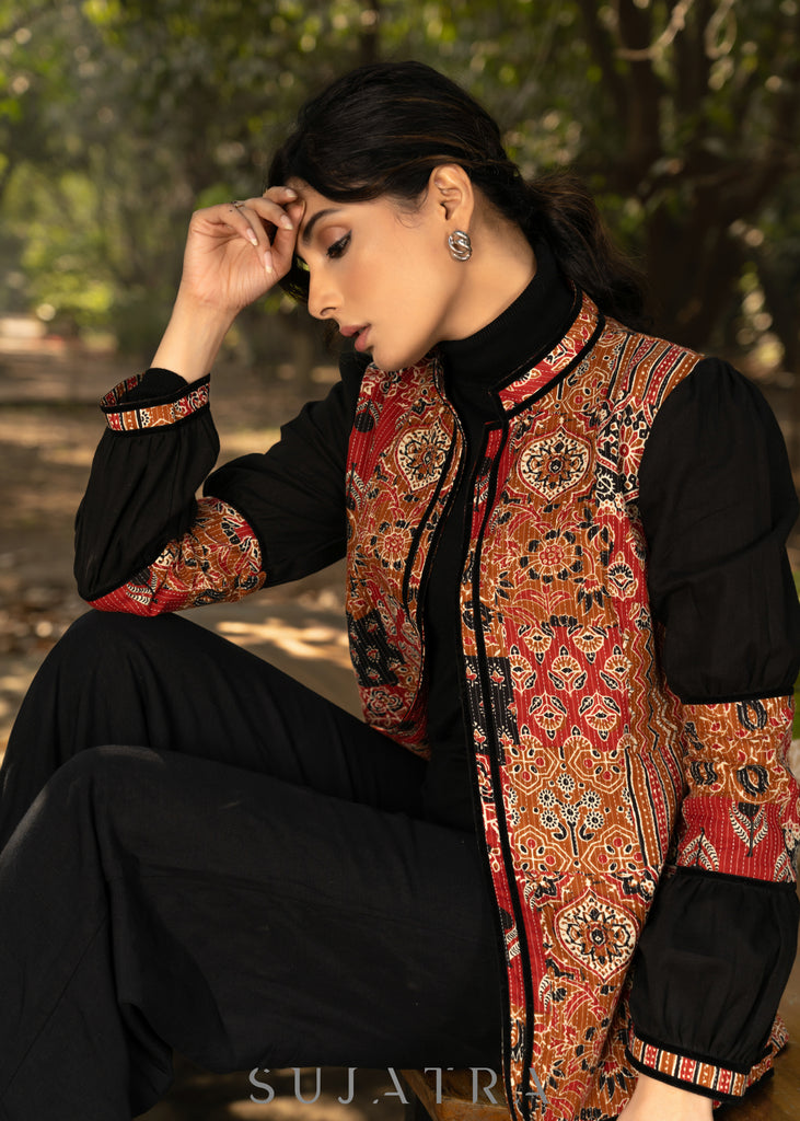 Trendy black cotton kantha patchwork jacket with mandarin collar