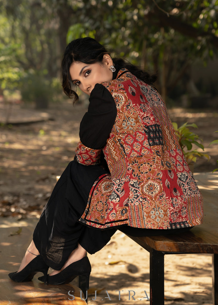 Trendy black cotton kantha patchwork jacket with mandarin collar