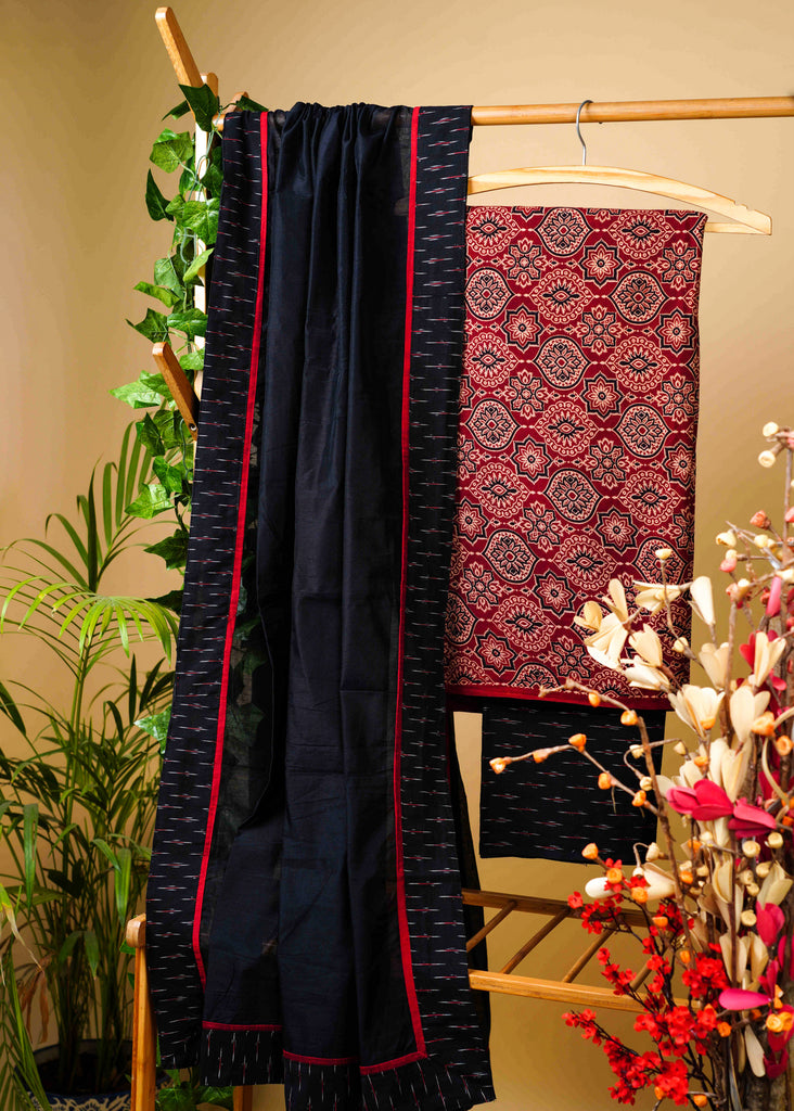 Elegant Cotton Maroon Mughal Print Ajrakh Suit Set with Ikat bottom and Chanderi Dupatta