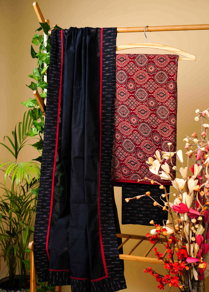 Elegant Cotton Maroon Mughal Print Ajrakh Suit Set with Ikat bottom and Chanderi Dupatta