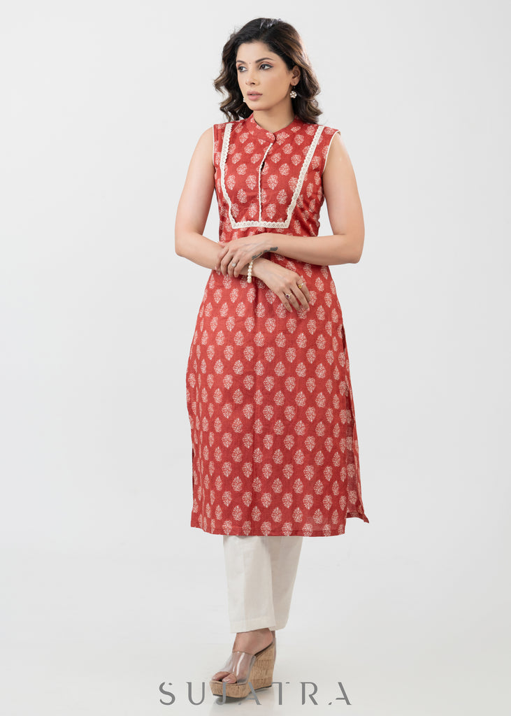 Smart Cotton Sleeveless Red Printed Kurta-Pant Optional