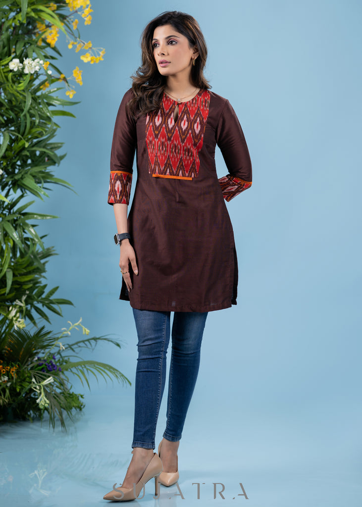 Classy coffee brown cotton silk tunic with contrast ikat combination