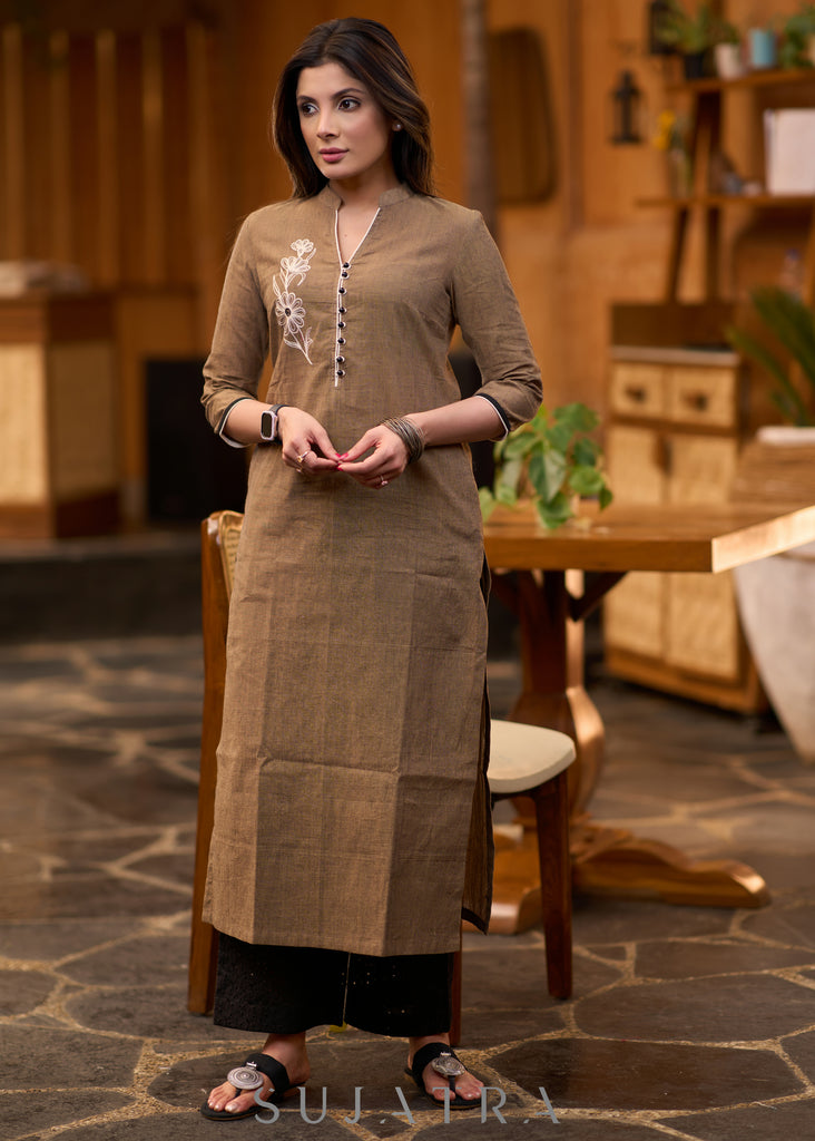 Elegant dark beige cotton kurta with embroidered motif on one side Pant optional