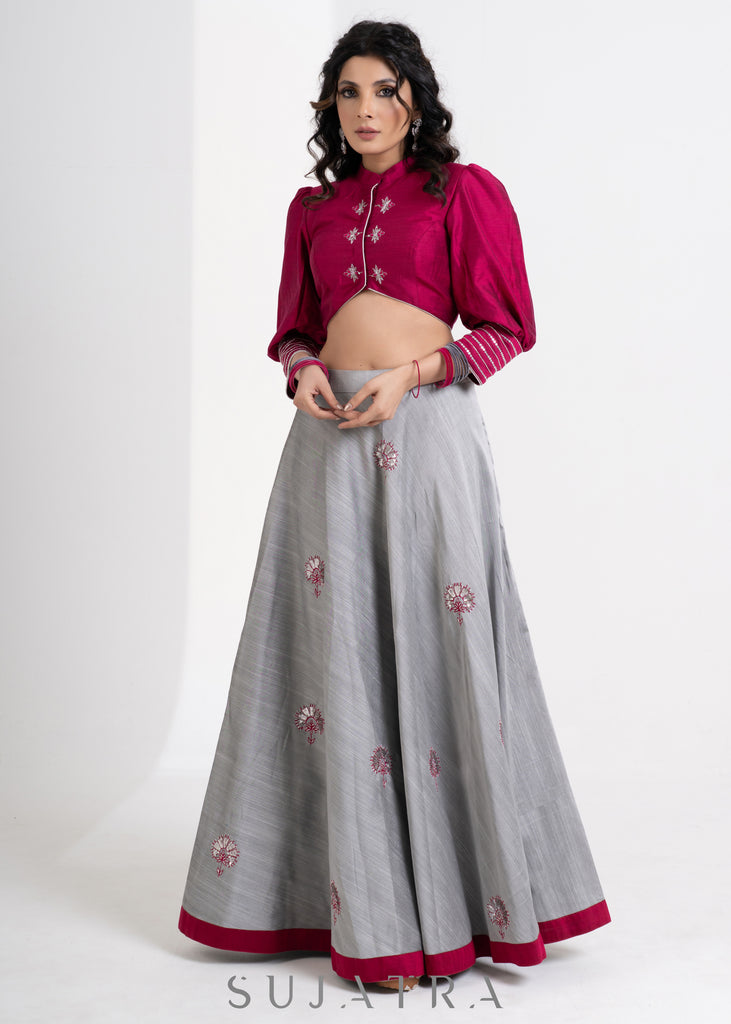 Stylish Grey Cotton Silk Lehenga with Magenta Cototn Silk Blouse & Net Dupatta