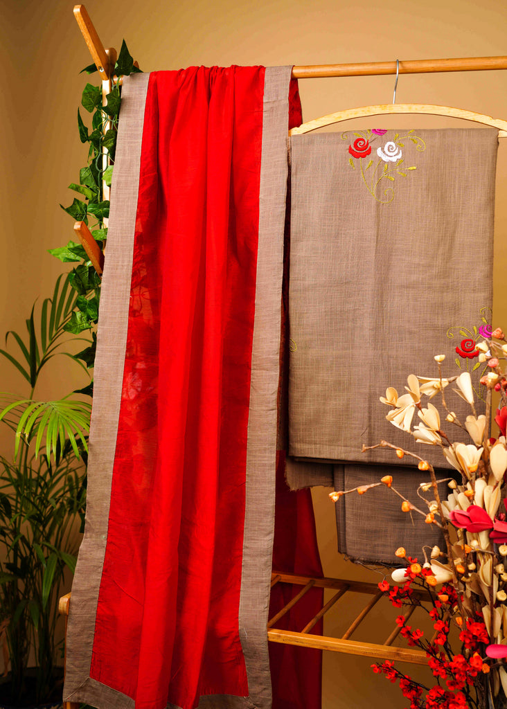 Exclusive Cotton Beige Embroidered Suit Set with Contrast Red Chanderi Dupatta