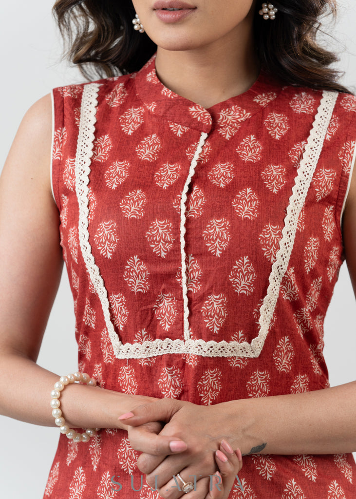 Smart Cotton Sleeveless Red Printed Kurta-Pant Optional