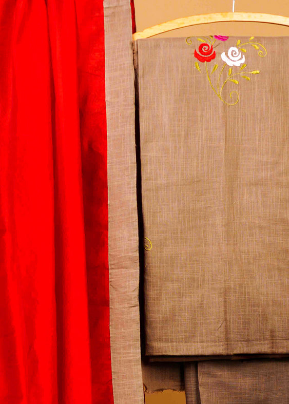 Exclusive Cotton Beige Embroidered Suit Set with Contrast Red Chanderi Dupatta