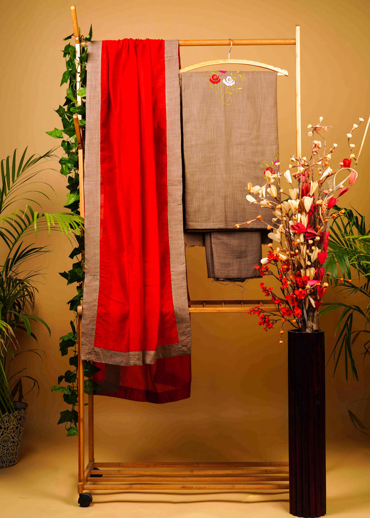 Exclusive Cotton Beige Embroidered Suit Set with Contrast Red Chanderi Dupatta