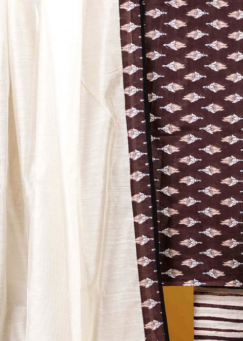 Elegant Cotton Coffee Brown Printed Suit Set with Chanderi Dupatta