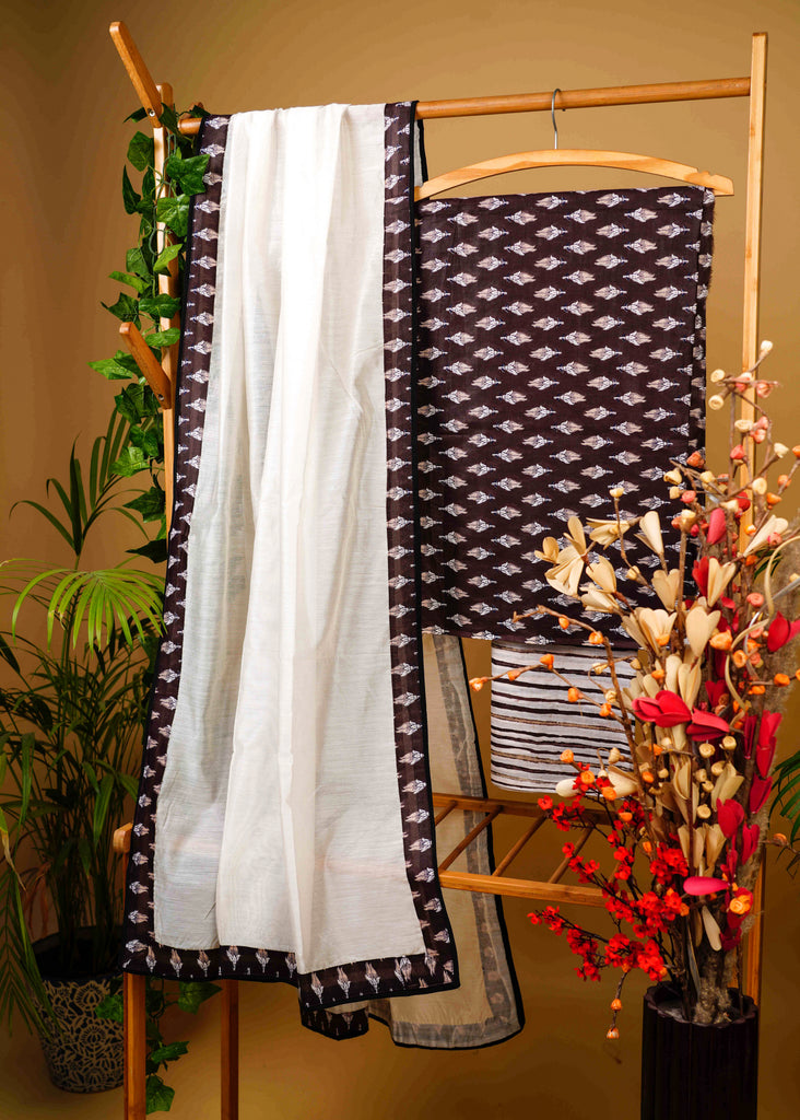 Elegant Cotton Coffee Brown Printed Suit Set with Chanderi Dupatta