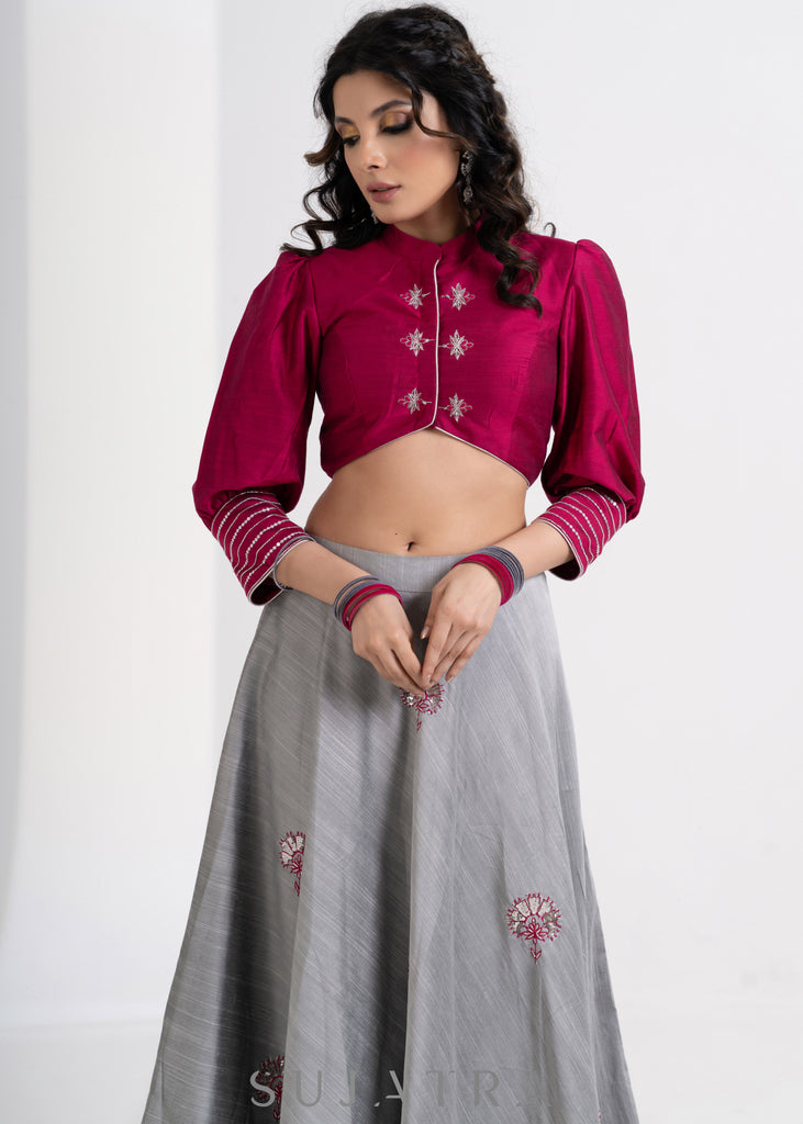 Stylish Grey Cotton Silk Lehenga with Magenta Cototn Silk Blouse & Net Dupatta