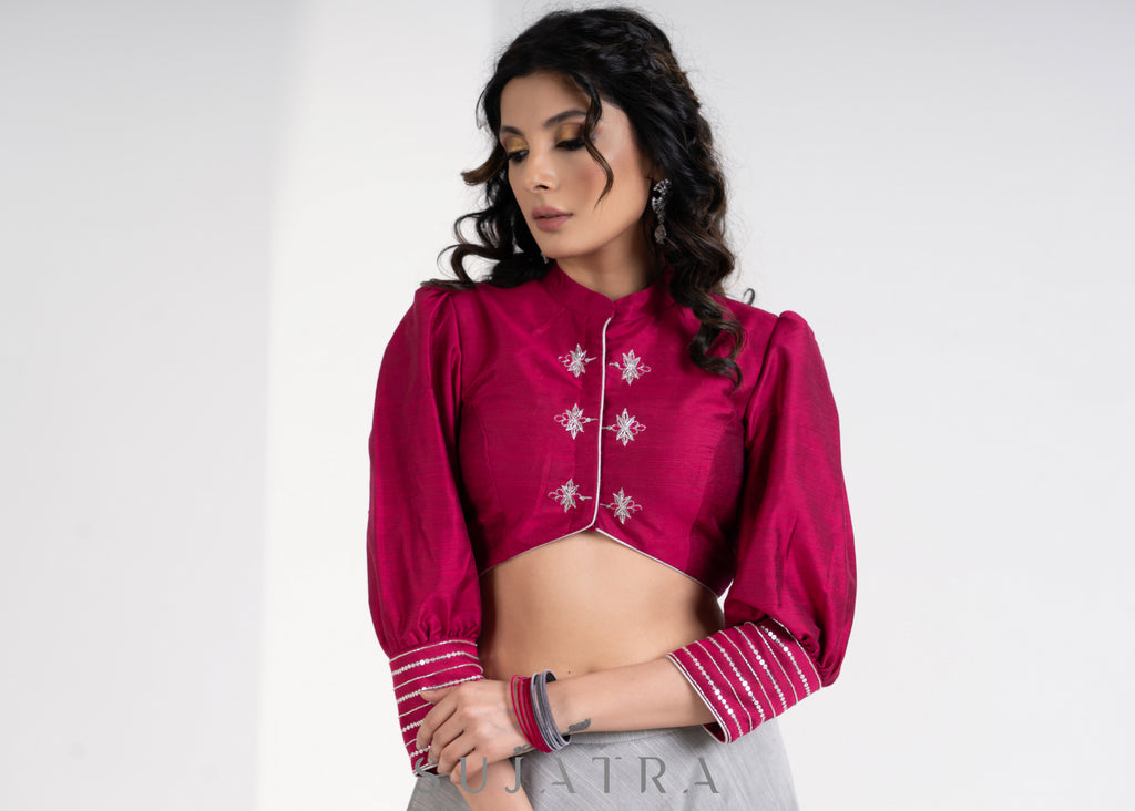 Stylish Grey Cotton Silk Lehenga with Magenta Cototn Silk Blouse & Net Dupatta